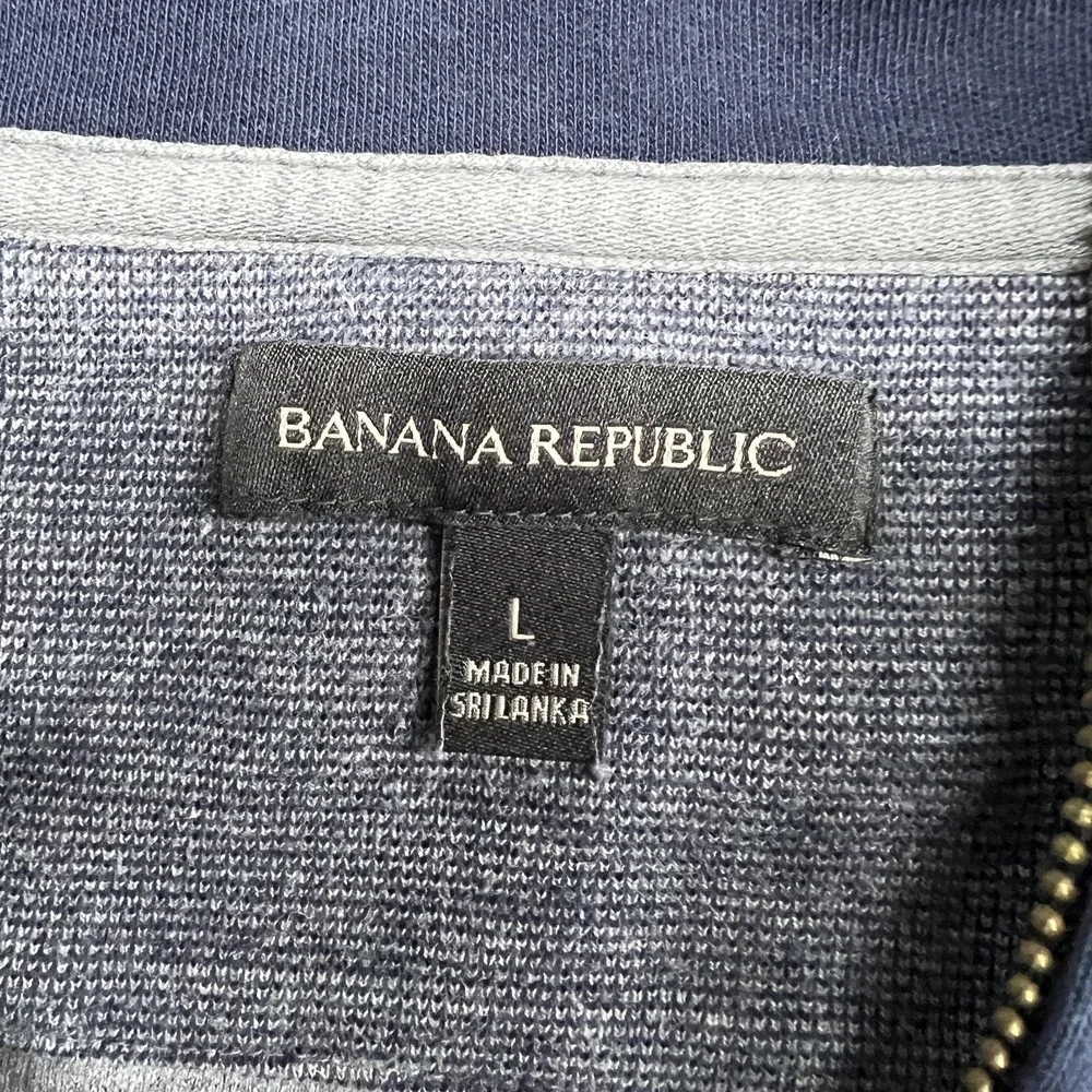 Banana Republic Sweater Mens L Blue‎ Gray Stripe 1/4 Zip Mock Neck Pullover Prep